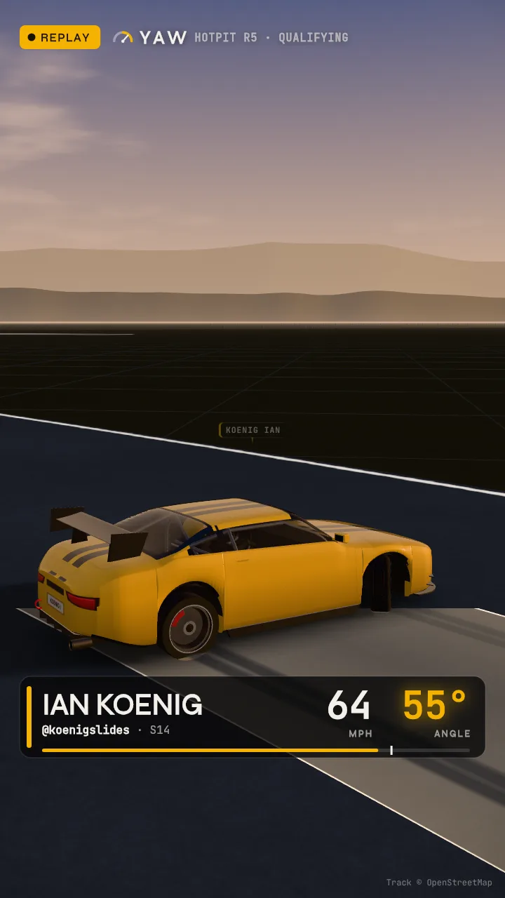 The same moment of Ian's qualifying run in a tall phone frame, with the overlay: 64 mph, 55 degrees.
