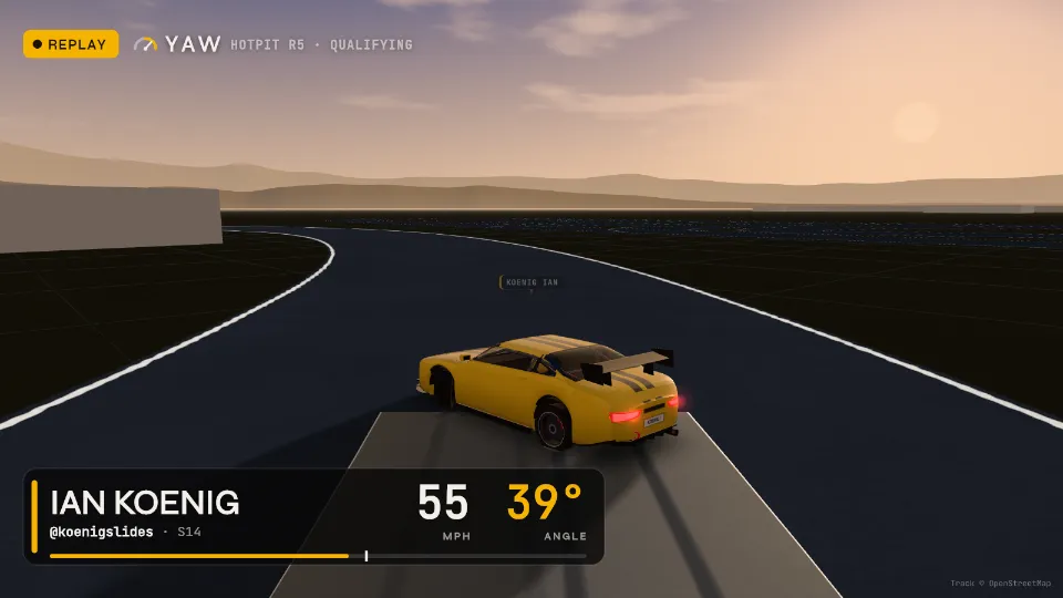 The replay 9.5 seconds in, the sun low ahead: 55 mph, 39 degrees.